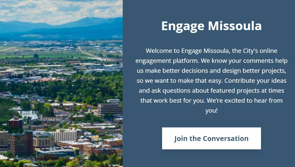 Screen capture of the Engage Missoula VPI website. Under the header image are buttons that take you to specific project webpages.