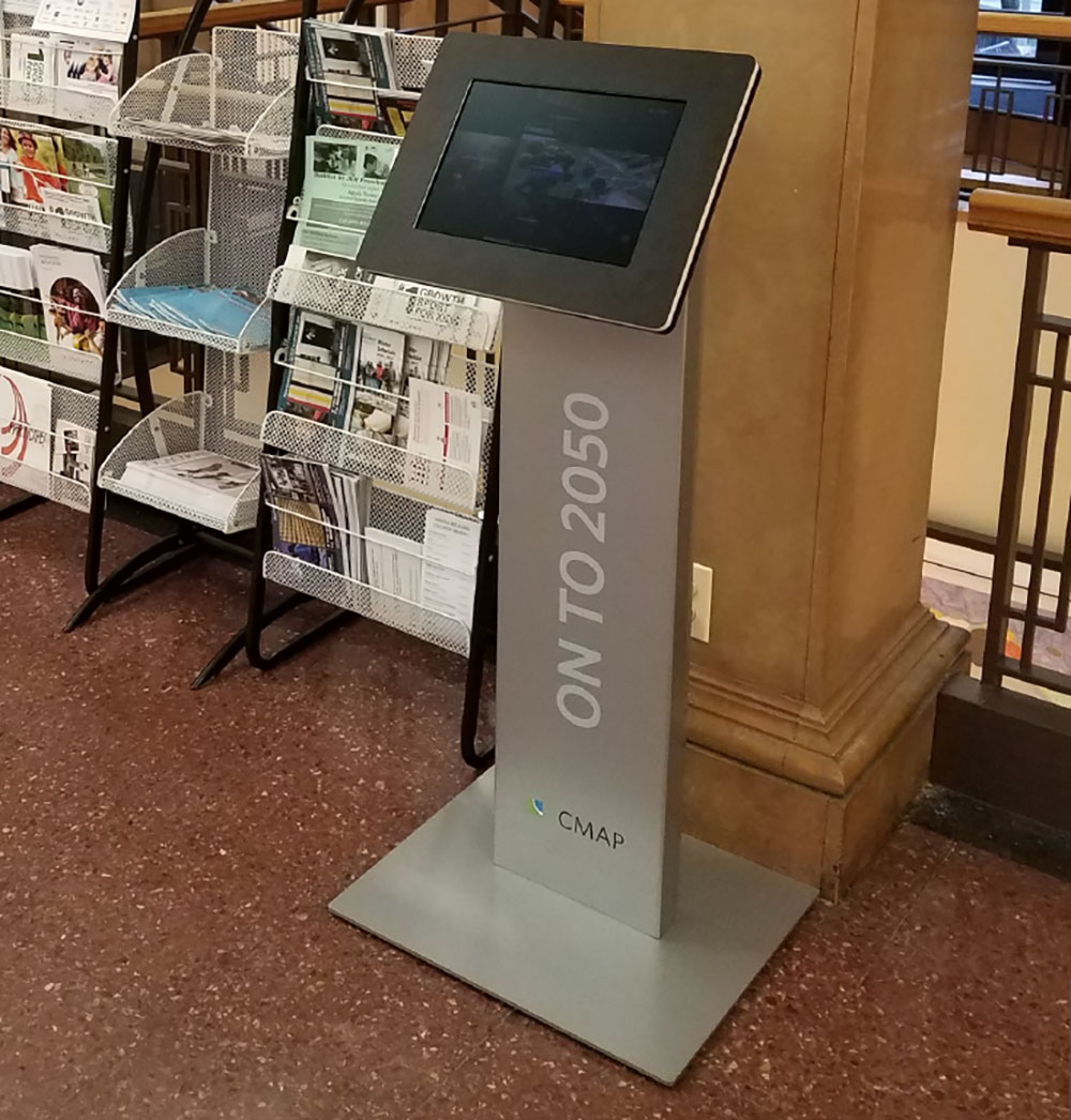 Kiosk featuring a tablet used in CMAP survey collection.