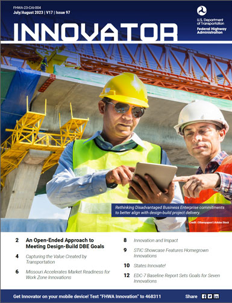 Screenshot of Innovator issue 97. Two construction workers wearing safety vests and hard hats look at a tablet in foreground while an overpass under construction is in background.