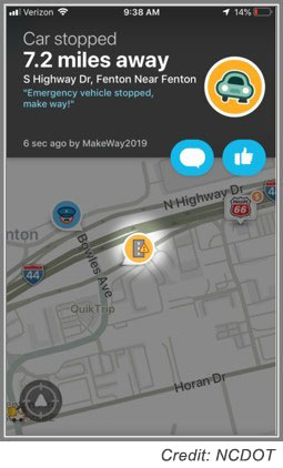 Screen capture from a navigation app demonstrating a warning message for a stopped emergency vehicle. Credit: NCDOT