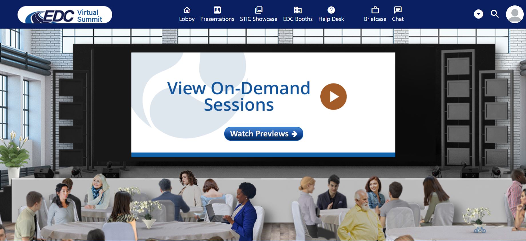 Screenshot of Presentation section of EDC Virtual Summit website.The screenshot depicts a screen with a clickable button that says, View on-demand sessions and watch previews.In the audience, in front of the screen, various people are sitting around round tables, apparently conversing with one another.