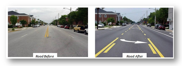 Photograph of road before and after lane division.