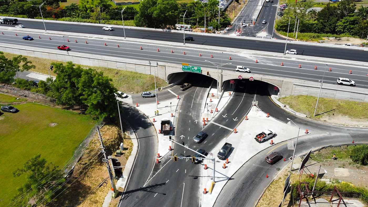 aerial view of Puerto Rico’s first diverging diamond interchange