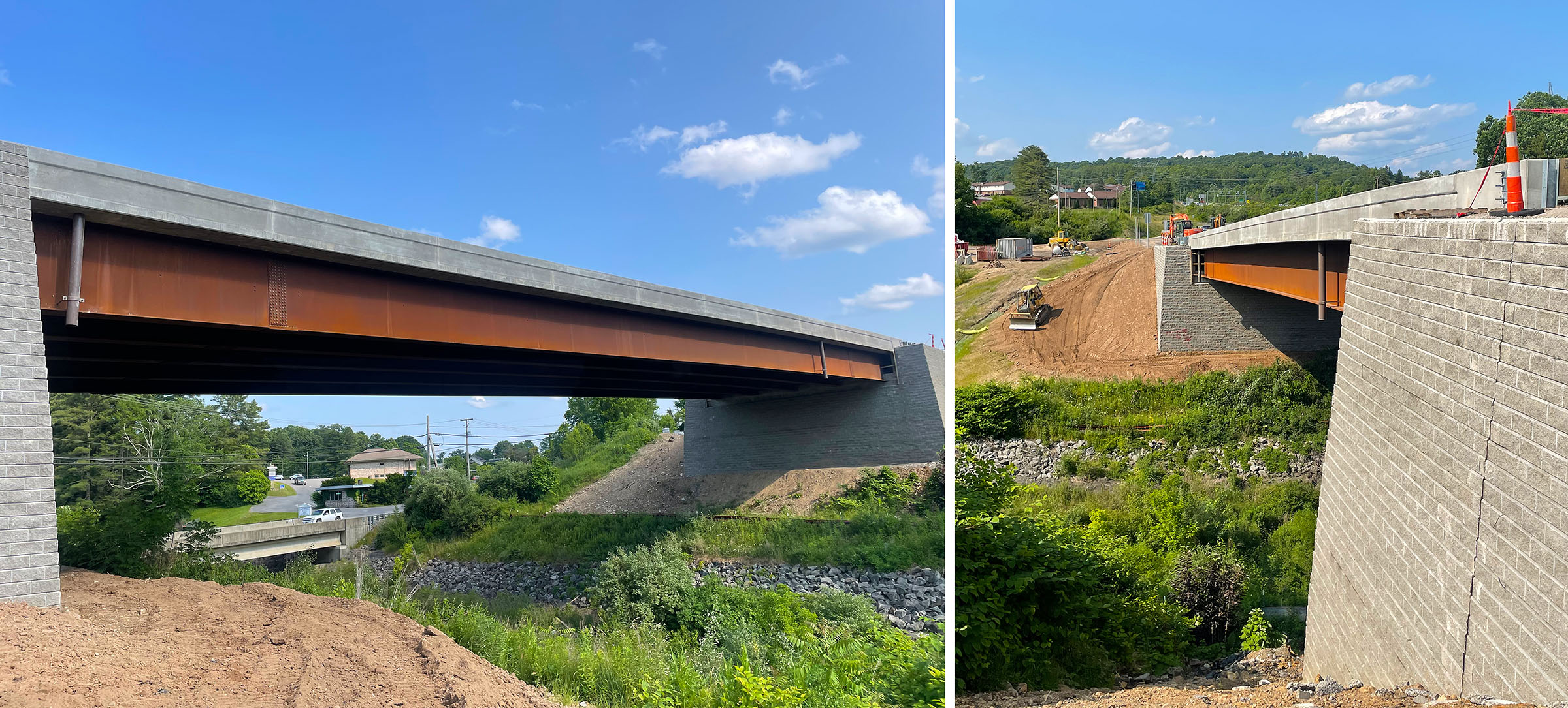 Two images of a bridge that used geosynthetic reinforced soil-integrated system. Bridge features bricks stacked on each side.