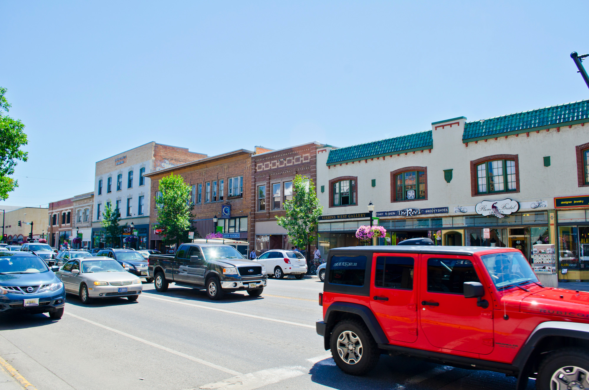 Busy traffic in rural downtown Bozeman, Montana.