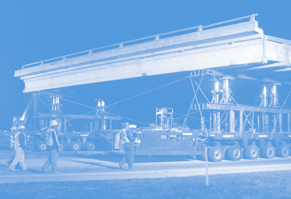 One of the TIG’s 2007 focus technologies is the self-propelled modular transporter, a computer-controlled platform vehicle that can move a bridge structure.