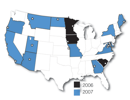 Map of the United States showing 2006 and 2007 award states.