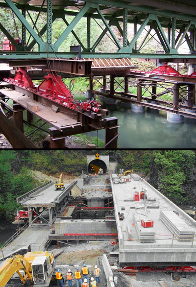 Image One: An innovative hydraulic sliding system  was used to move the bridge superstructures. Image Two: At one end of the  Elk Creek tunnel, removing the old bridge superstructure (left) and sliding the  new one into place required just a weekend closure.