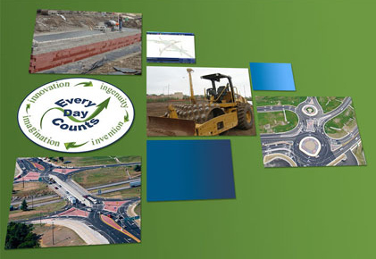 GRS-IBS technology uses layers of compacted granular fill and fabric sheets of geotextile reinforcement to provide bridge support.  With 3D modeling software, project teams can connect virtually to collaborate on designs throughout the design and construction phases.  Intelligent compaction can improve pavement quality and accelerate project delivery.  Diverging diamond interchange design enhances safety by reducing conflict points on interchanges.