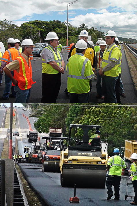 Professionals from the public and private sectors collaborate on using innovative technologies such as warm-mix asphalt. Inset: The Puerto Rico Highway and Transportation Authority is using warm-mix asphalt to cut fuel consumption and fumes on paving projects.  Credit: Puerto Rico Transportation Technology Transfer Center