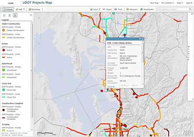 A screenshot from the Utah DOT's uPlan shows a map of transportation projects at various stages of activity.