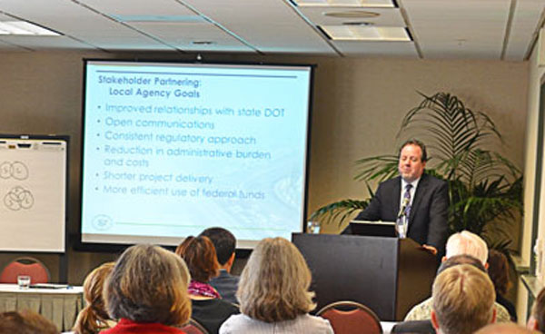 Brian Roberts, executive director of the National Association of County Engineers, makes a presentation during the stakeholder partnering session at the EDC-3 Summit in Sacramento, California.