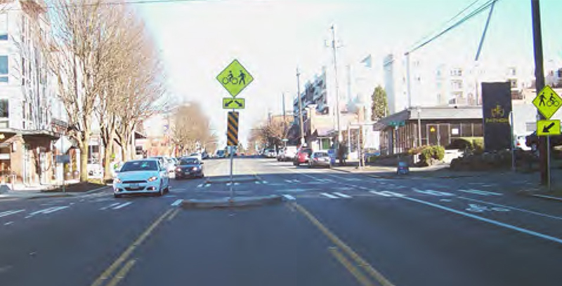 The Stone Way road diet in Seattle, Washington, improved pedestrian and bicycle safety by incorporating pedestrian refuge islands and a combination of shared lanes and bicycle lanes.