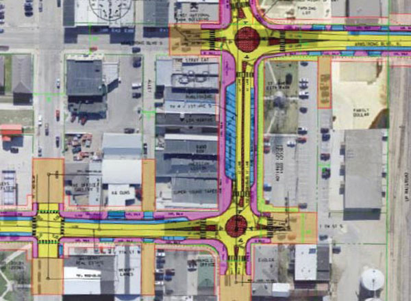 Mini-roundabouts in St. James, Minnesota, are part of an urban reconstruction project.