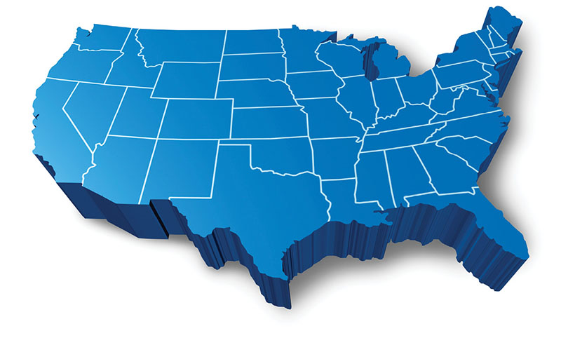 Three dimensional map of the continental United States.