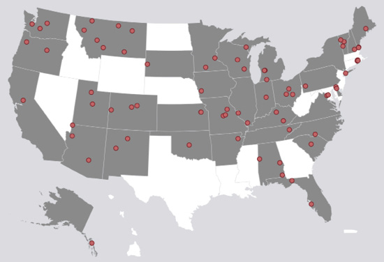 U.S. map with locations of AID Demonstration projects marked.