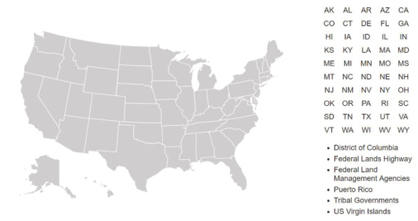 Map of the United States and list of state abbreviations from the State Innovation Accomplishments map.