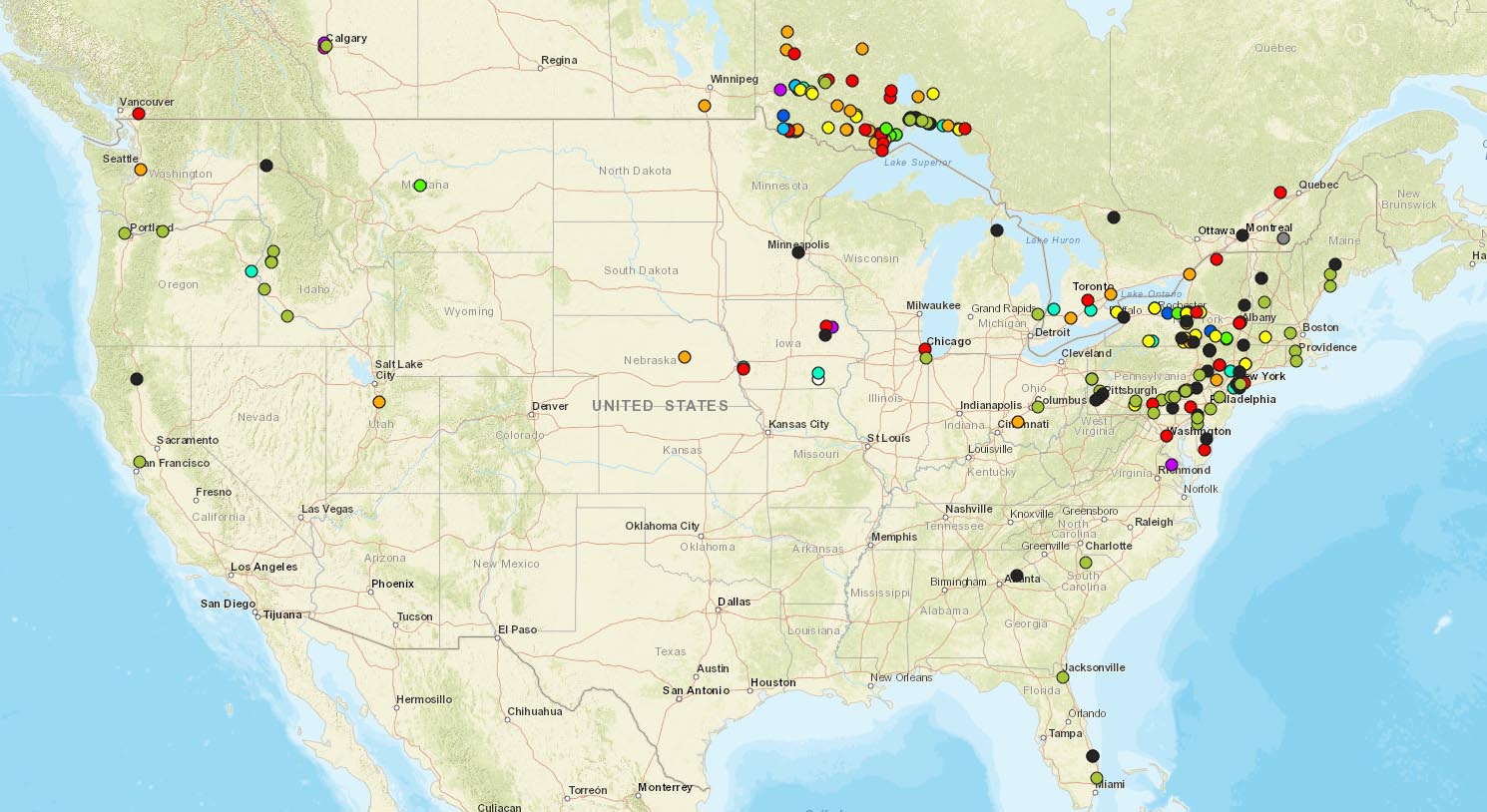 Map of the United States and Canada with UHPC project locations marked.