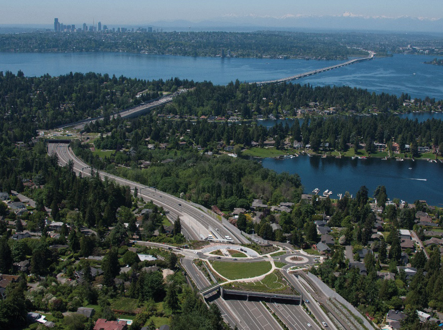 A bird’s-eye view of the State Route 520 Eastside corridor includes the floating bridge over the lake.