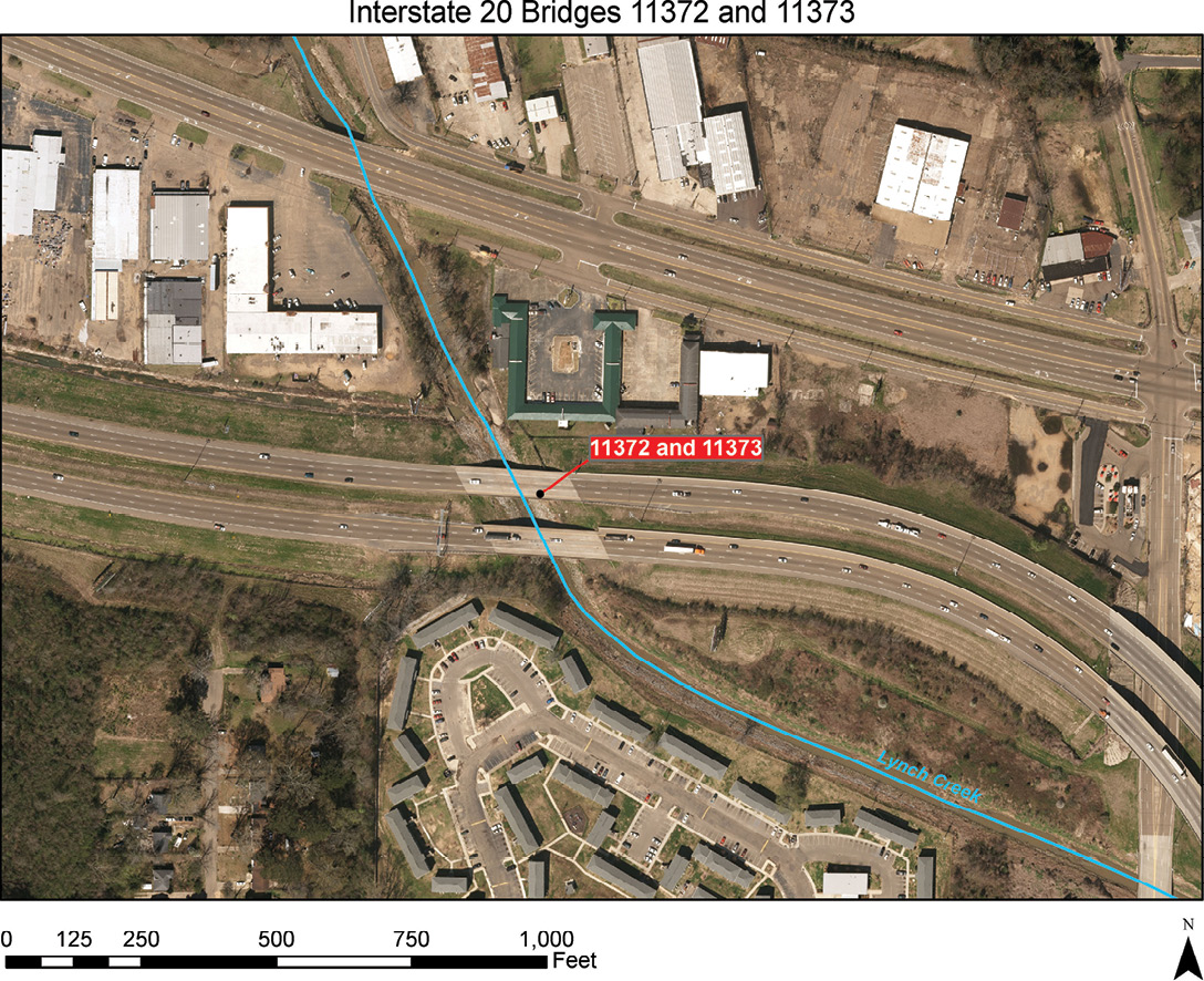 Aerial photo of I-20 bridges.