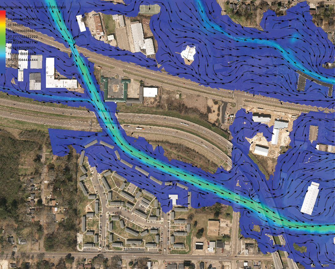 2D model of water surface elevations and velocity vectors near I-20 bridges.
