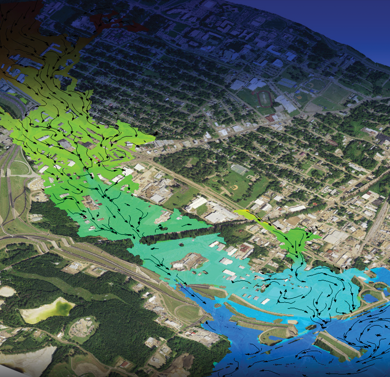 2D model of water surface elevations and velocity vectors over the Lynch Creek floodplain in Mississippi.
