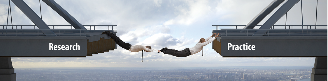 Is there a GAP between Research and Practice? Bridge that has a gap being spanned by two people holding onto each other. Illustrates the link between research and practice.