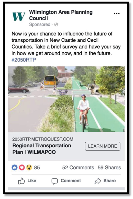Screenshot of Wilmington Area Planning Council social media post: 'Now is your chance to influence the future of transportation in New Castle and Cecil Counties. Take a brief survey and have your say in how we get around now and in the future. #2050RTP'