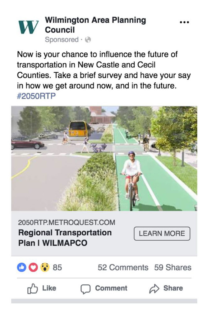 Screenshot of Wilmington Area Planning Council social media post: “Now is your chance to influence the future of transportation in New Castle and Cecil Counties. Take a brief survey and have your say in how we get around now and in the future. #2050RTP”