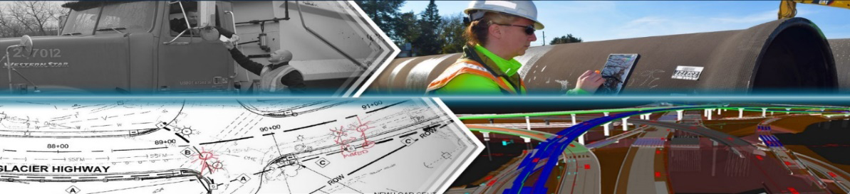 Photo and illustration montage of a delivery truck, a worker using a tablet at a jobsite, a digital map of a highway, and a 3D visualization of a highway.