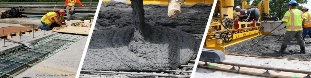 Three photos of workers pouring ultra-high performance concrete.