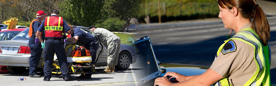Photo montage of responders at an incident scene and a responder using a laptop computer.