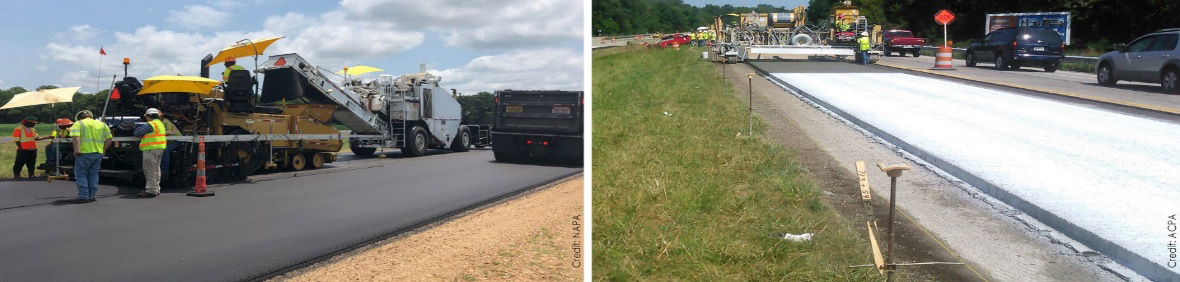 Photo on left of asphalt paving jobsite. Photo on right of concrete paving jobsite.