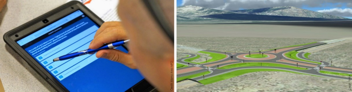Photo on left of person using a tablet. Visualization of a roundabout on right.