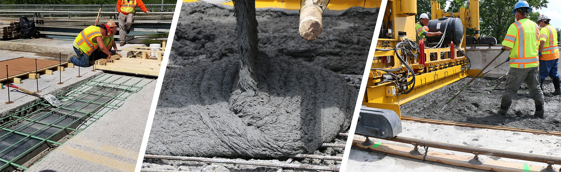 Three photos of workers pouring ultra-high performance concrete.