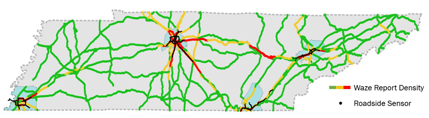 Map showing statewide Waze report density versus limited areas with ITS roadway sensors.