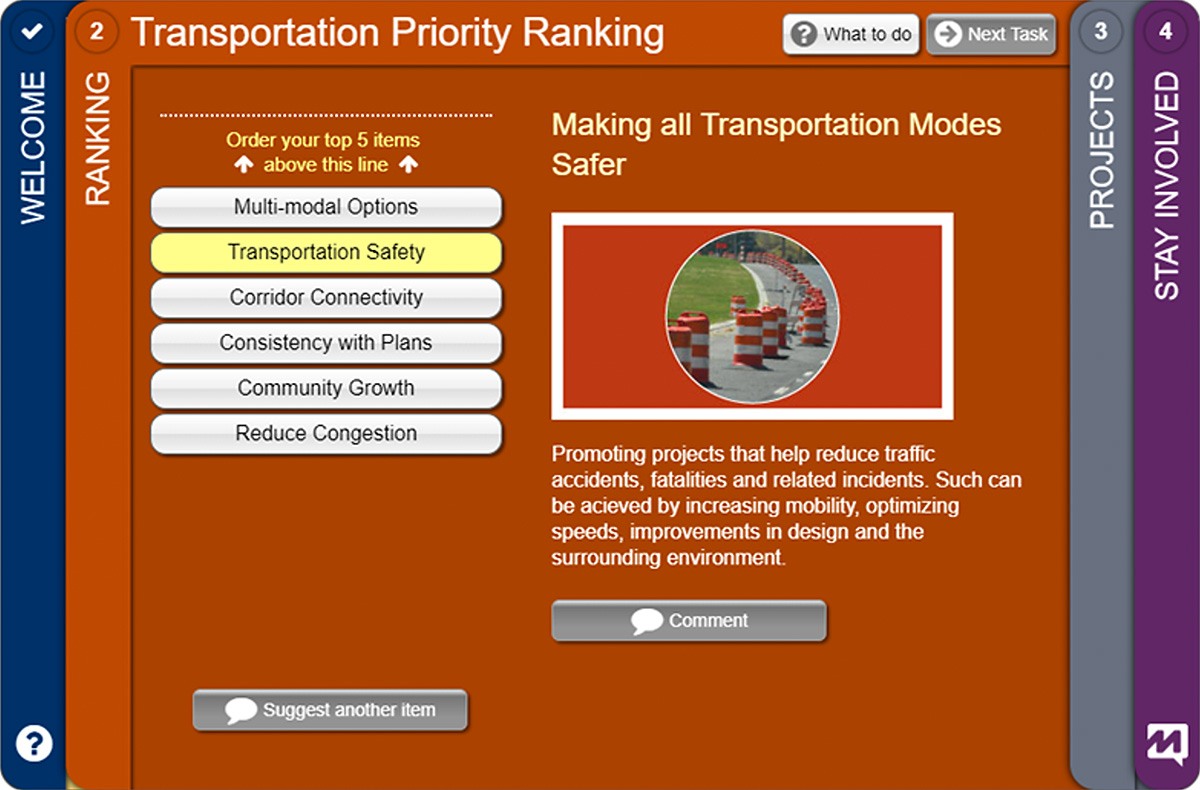 Screenshot of an interactive screen that provides users with choices for Transportation Priority ranking their transportation priorities.