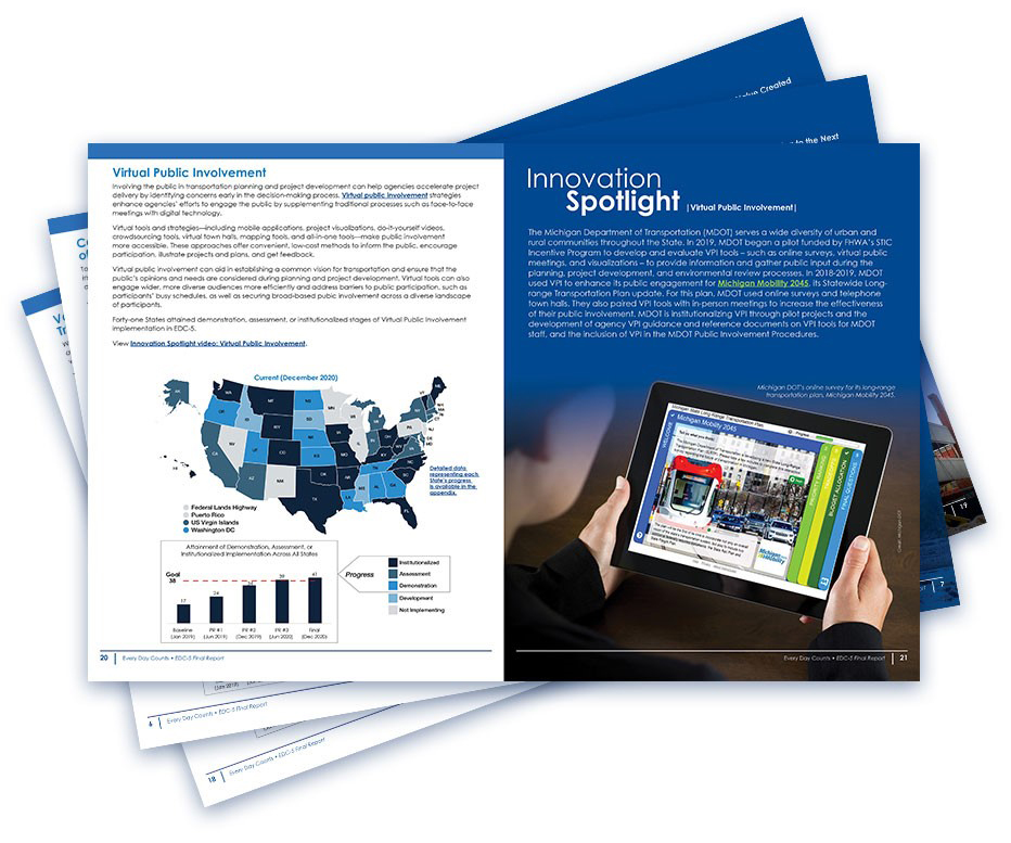 An array of pages from within the EDC-5 Final Report.