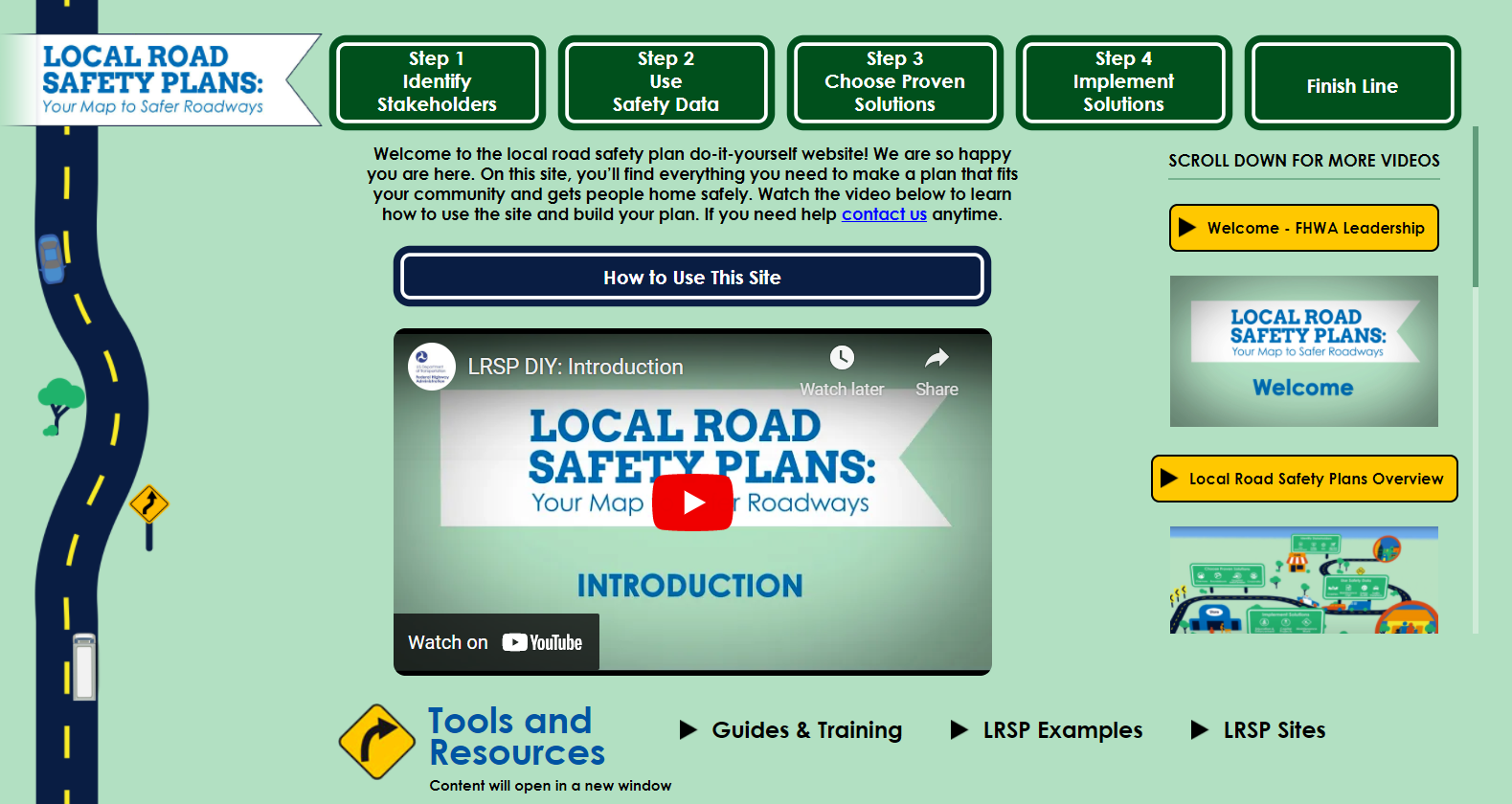 FHWA Local Road Safety Plan website screenshot and video link.