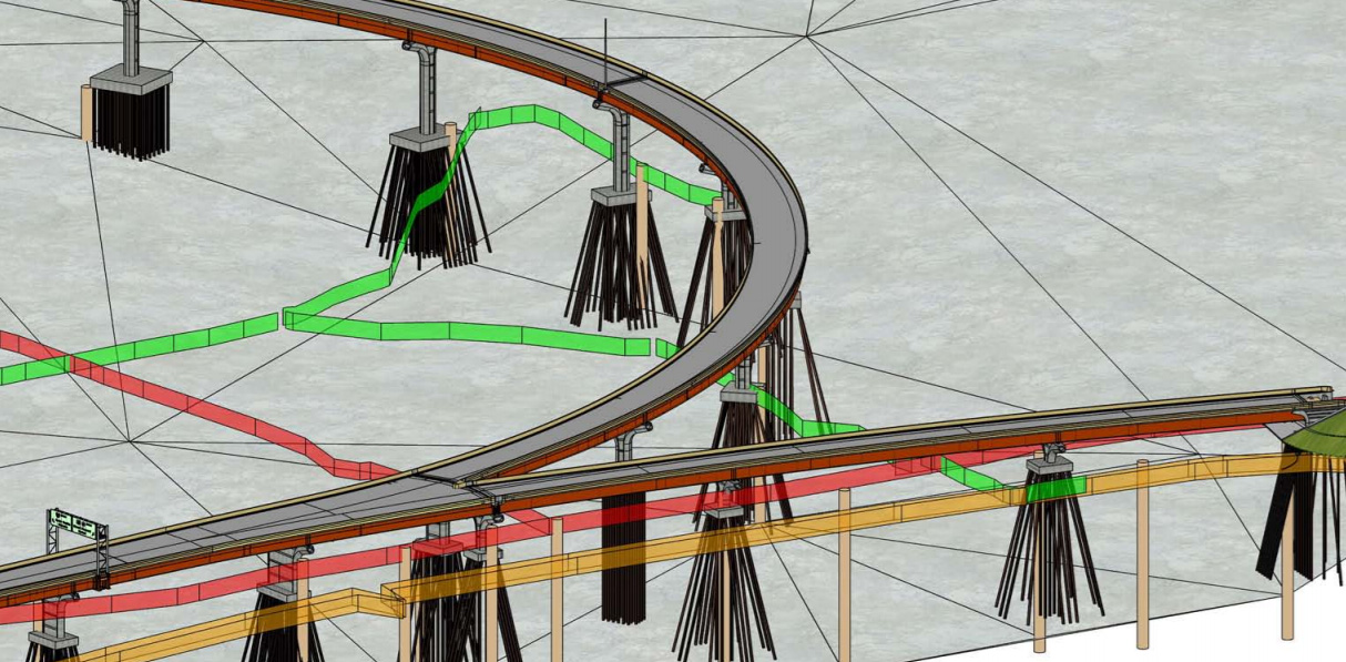 computer-generated model image of an elevated highway and off ramp and lines representing the placement of underground utilities