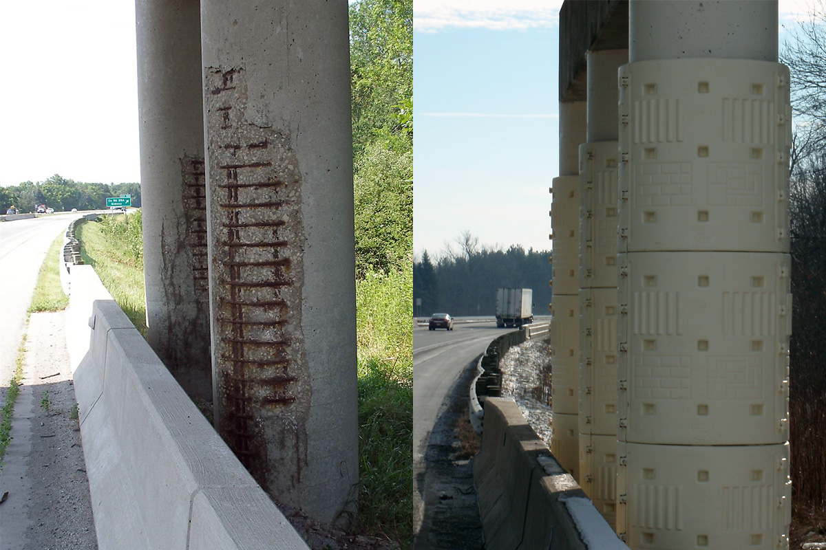 Concrete bridge pier column damage on the left. On the right, column wrapped with an off-white colored polyethylene protective cover.