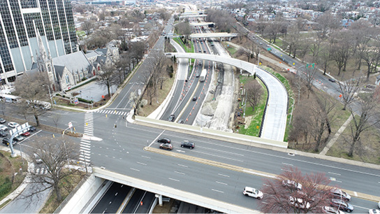 Interstate corridor, with flyover, ramps, bridges, and connectors