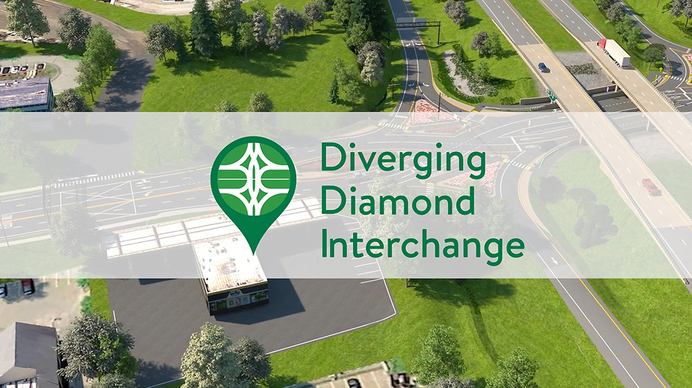 Video thumbnail for Diverging Diamond Interchange. Overhead of a highway intersection in the background.