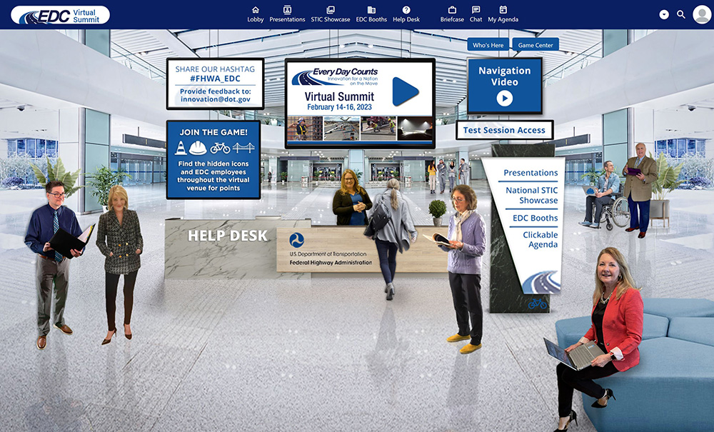 Photo of a virtual booth showcasing the EDC-7 Summit. Several attendees atadning around the various subjects of the Summit Booth.