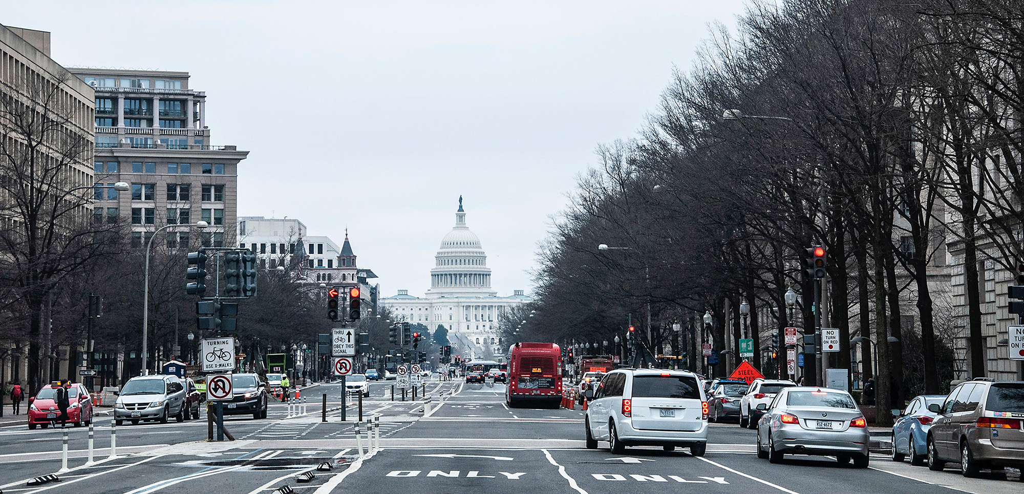 street view of downtown DC with traffic lights