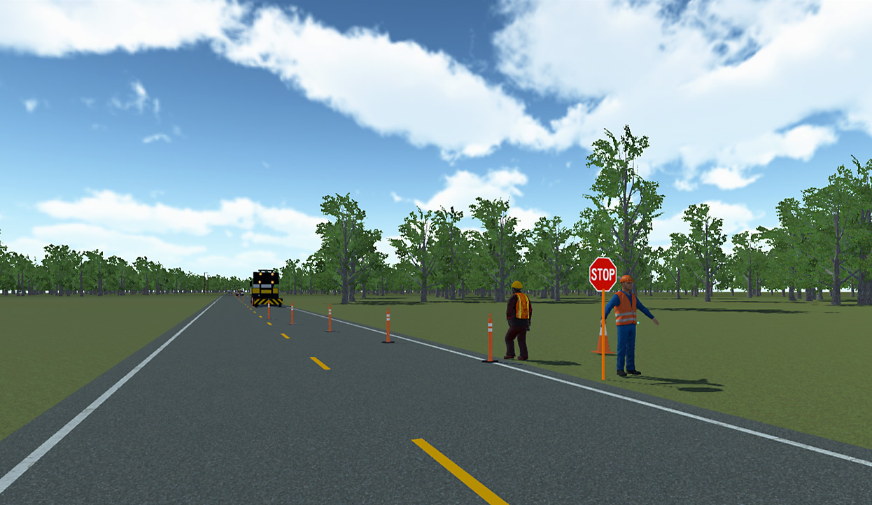 3D rendering of highway construction with workers and safety cones.