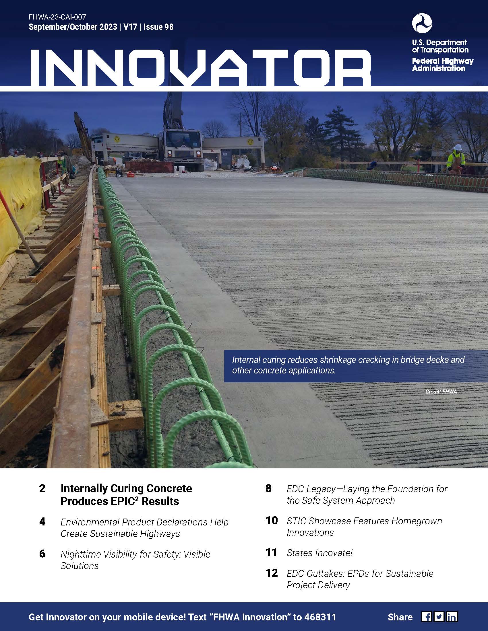Screen capture of Innovator cover. Cover photo depicts a bridge deck under construction using internally cured concrete.