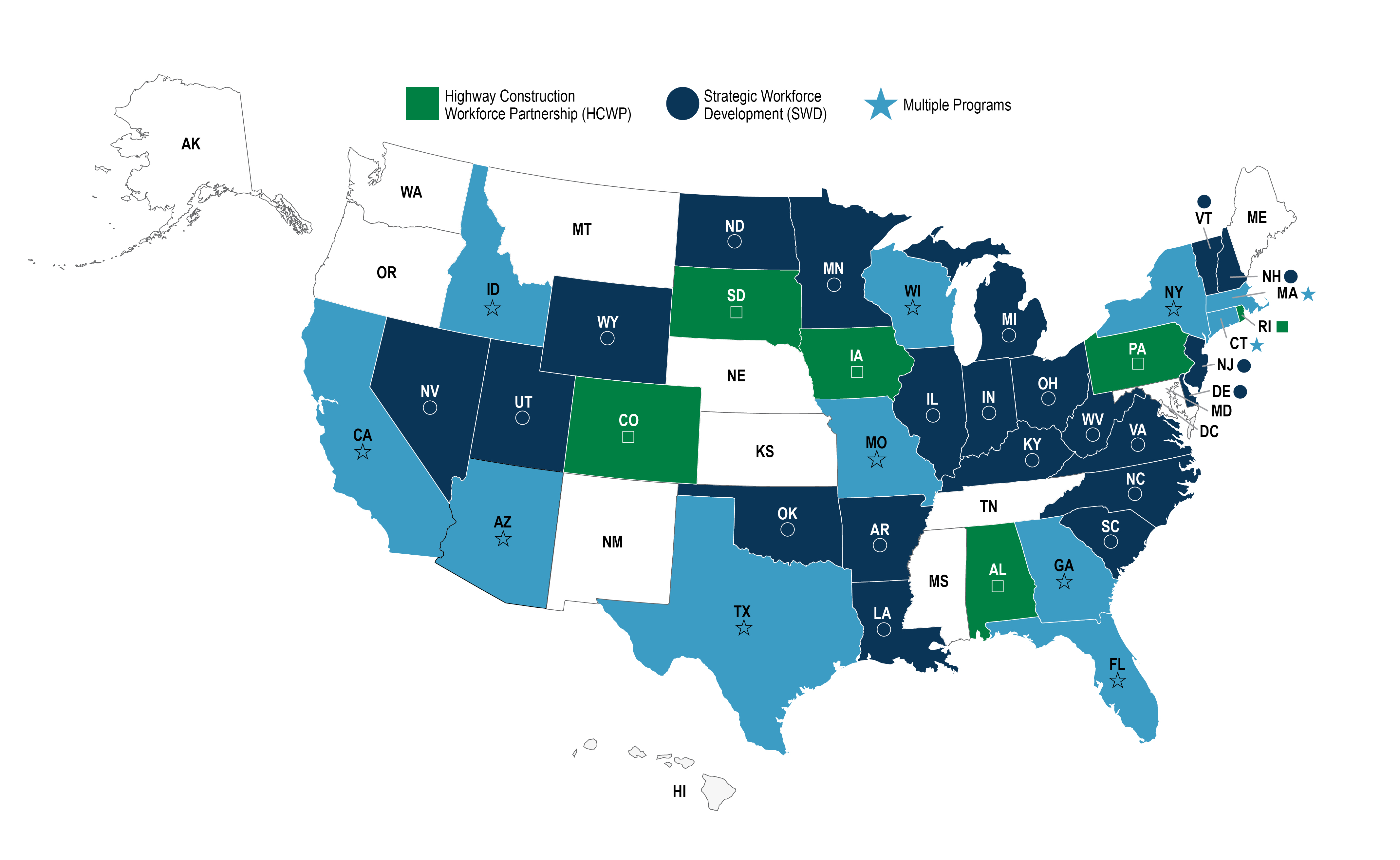 Map denoting which states are part of the Strategic Workforce Development, Highway Construction Workforce Partnership, or both.