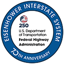 Logo for 70th anniversary of the Eisenhower Interstate System and 250th anniversary of U.S. DOT Federal Highway Administration. Round design with Eisenhower Interstate System, 70th Anniversary on a circle around an updated Department of Transportation triskelion logo superimposed on the American flag above the number 250 with the U.S. DOT Federal Highway Administration logo beneath.