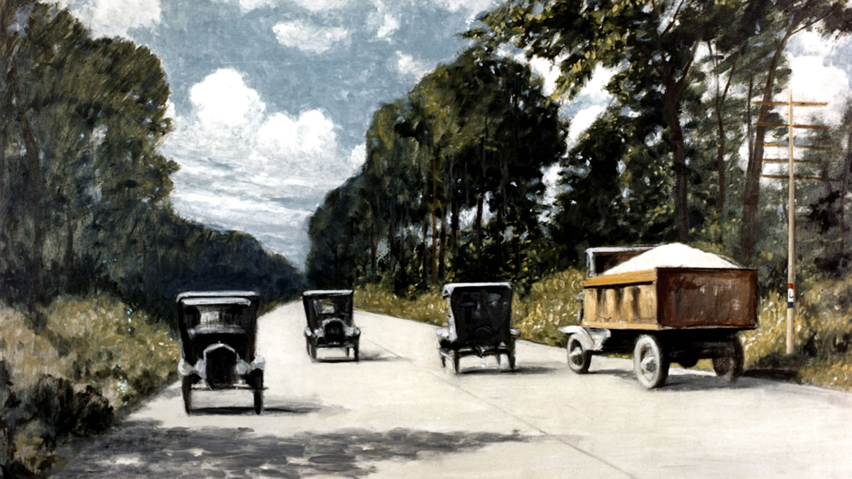Painting of three vintage cars driving down a road with trees on both sides.